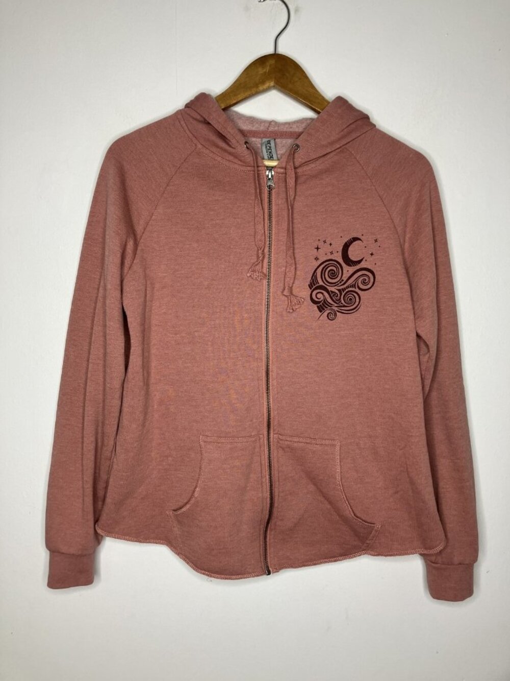 Pink Celestial Women's Small Full Zip Hoodie Dusty Rose Moon Stars Wave